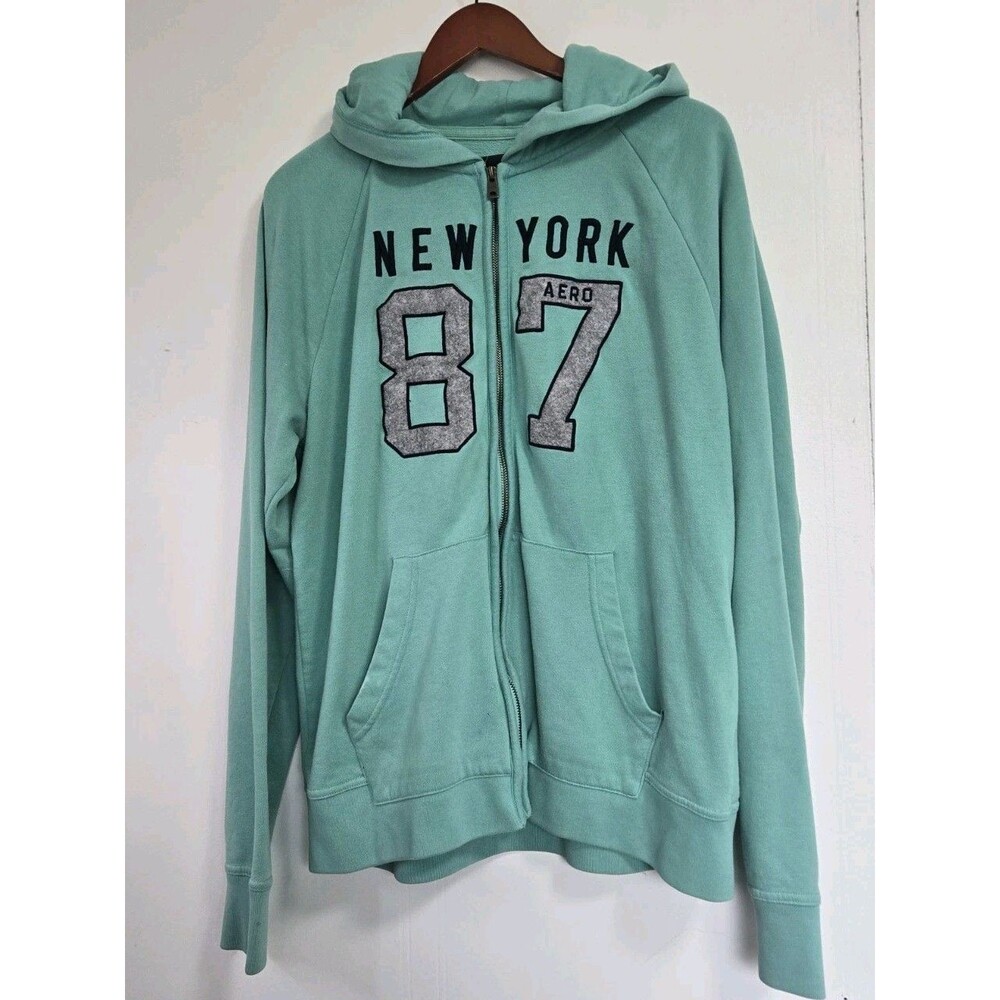 Aeropostale Hoodie Womens L 87 Full Zip Y2K Teal Logo Spell Out Sweatshirt NY